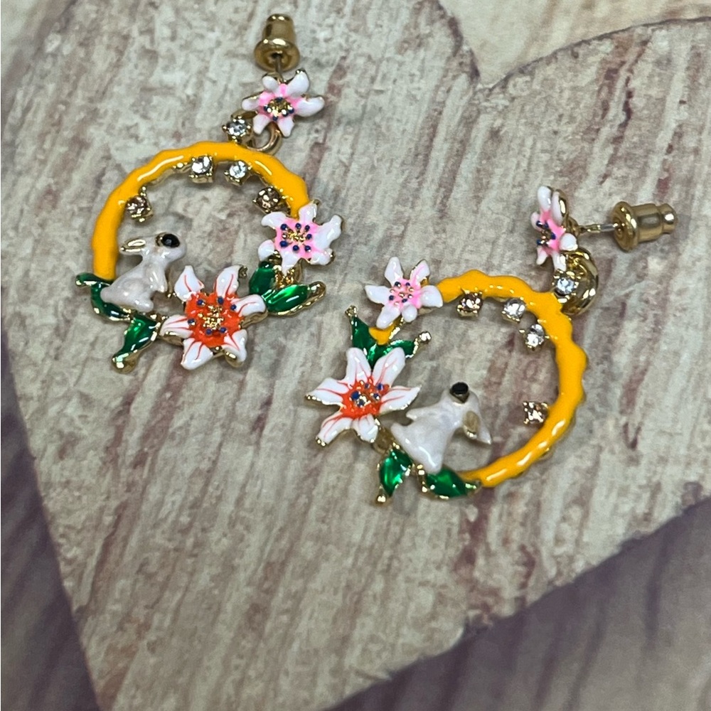Charming Fluffy Bunny Floral Enamel Hoop Earrings. - Picture 4 of 5